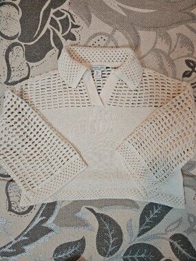 Rachel Zoe Cream Open-Weave Cotton Collared Top